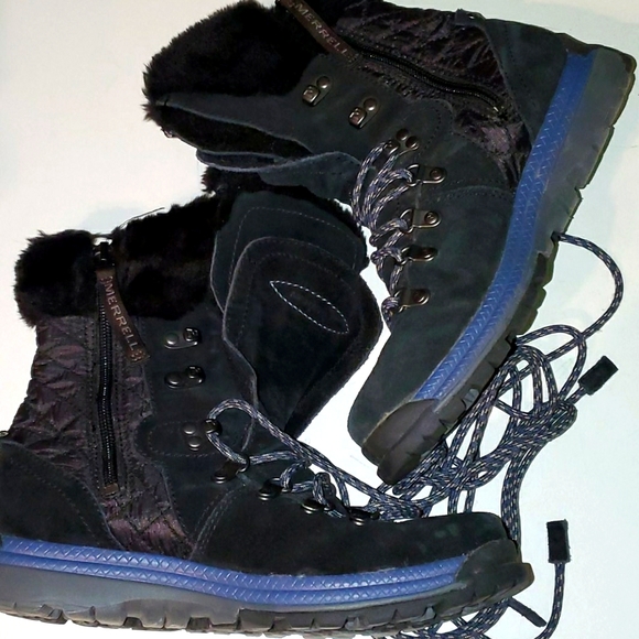 Merrell women's 7 black quilted and leather boots w/ lace up and side zip - Picture 1 of 7